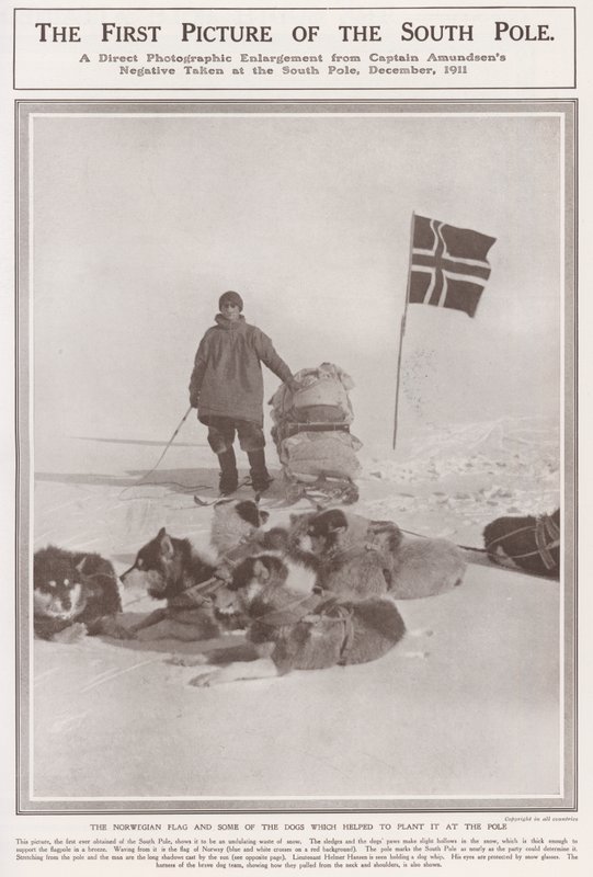 Pierwsze zdjęcie bieguna południowego (zdjęcie czarno-białe) autorstwa Roald Engelbergt Gravning Amundsen
