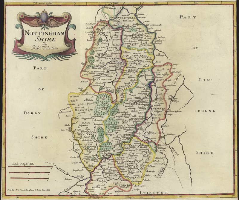 Mapa Nottinghamshire (kolor grawerowany) autorstwa Robert Morden