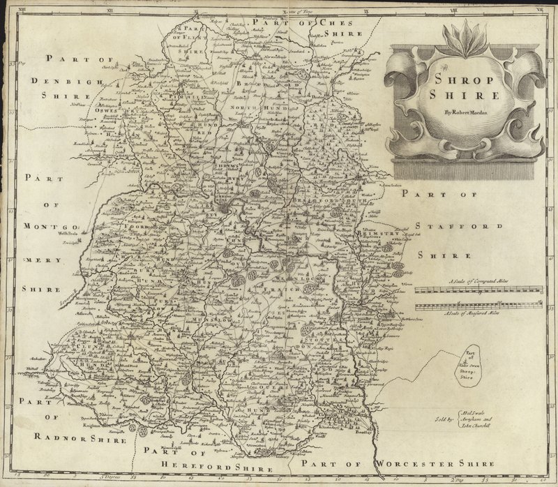 Mapa Shropshire (kolorowa grawerunek) autorstwa Robert Morden