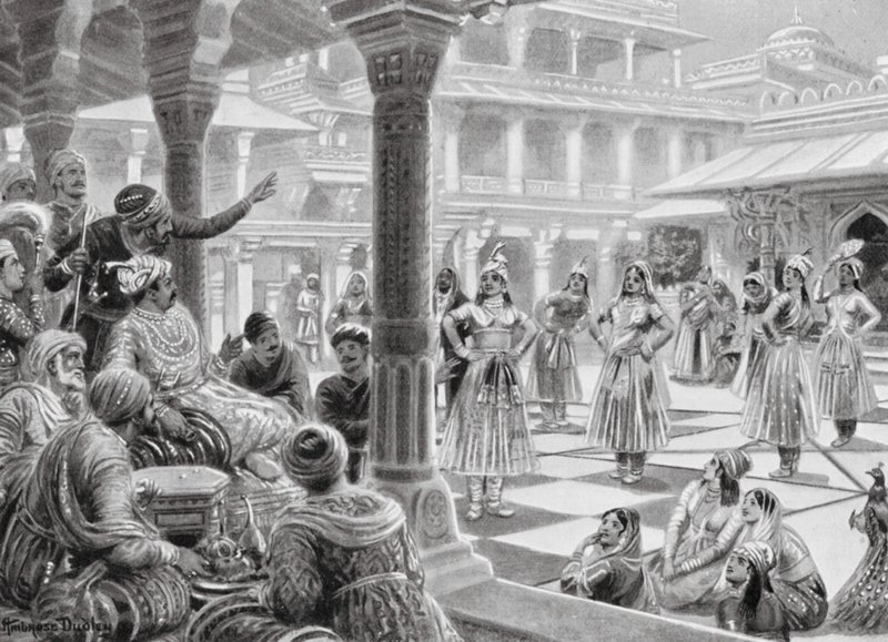 Akbar gra w warcaby z Living Pieces w Fatehpur Sikri autorstwa Robert Ambrose Dudley