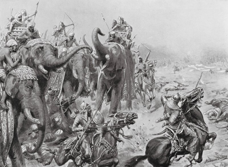 Babar przedstawia broń polową w Panipat autorstwa Robert Ambrose Dudley