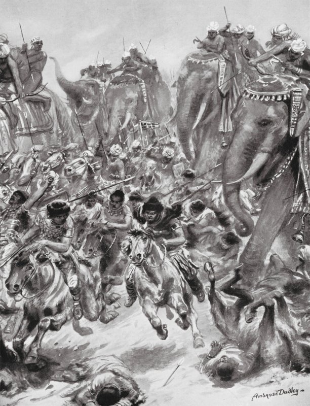 Pokonanie Eftalitów lub Białych Hunów, AD 528 (litografia) autorstwa Robert Ambrose Dudley