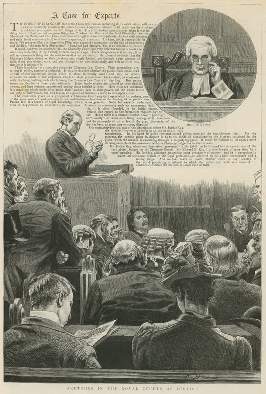 Sprawa dla ekspertów: Szkice w Royal Courts of Justice; z winietą Mr Justice Kay autorstwa Robert Barnes