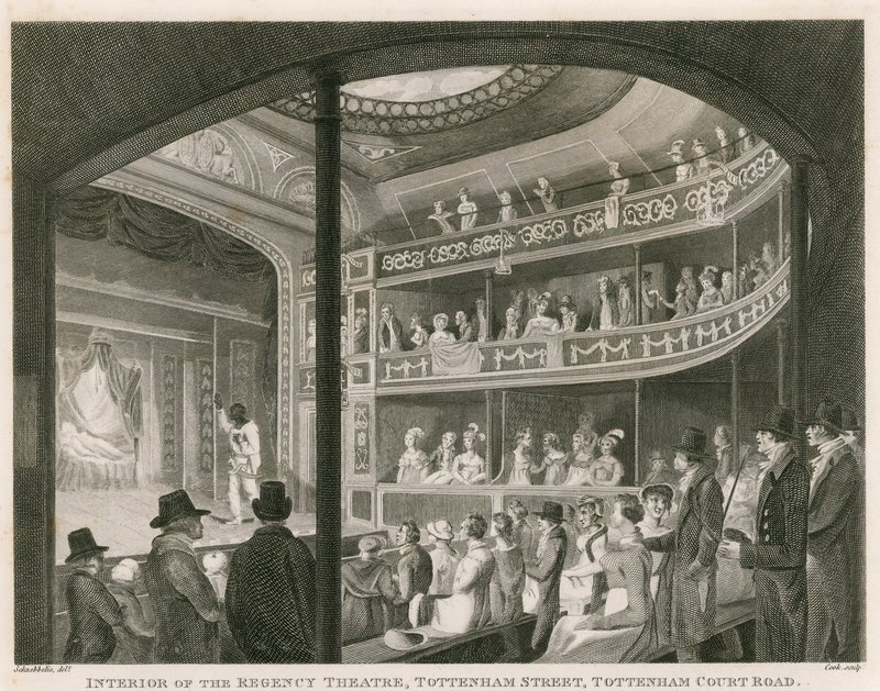 Wnętrze teatru Regency, Tottenham Street, Tottenham Court Road, Londyn autorstwa Robert Blemell Schnebbelie