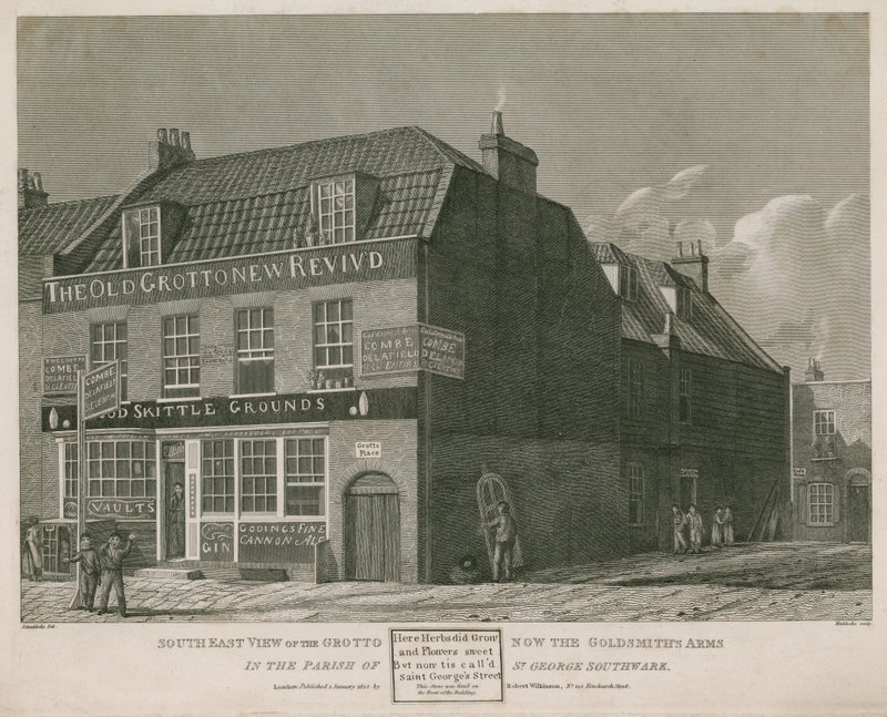 Południowo-wschodni widok na Grotę, obecnie Ramiona Złotnika, w parafii St George, Southwark autorstwa Robert Blemell Schnebbelie