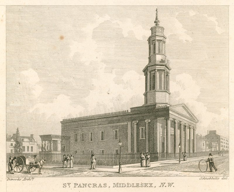 St Pancras Church, Londyn, Middlesex; widok na północny zachód autorstwa Robert Blemell Schnebbelie