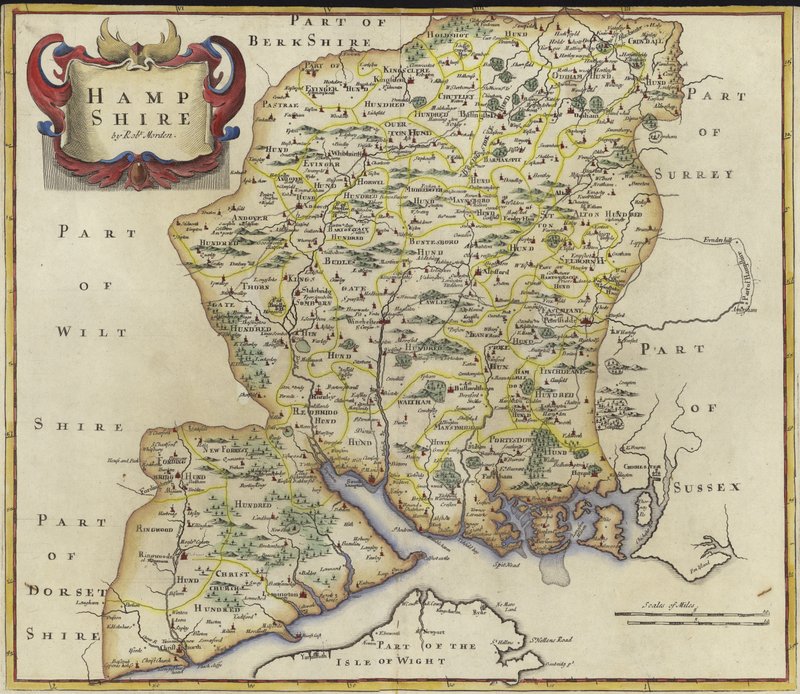 Mapa Hampshire (kolorowa grawerunek) autorstwa Robert Morden