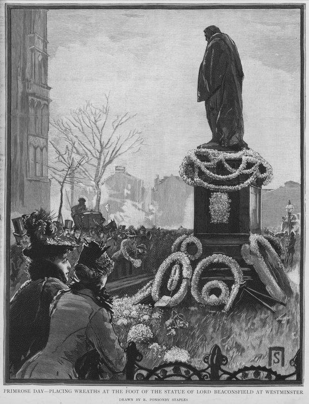 Złożenie wieńców u stóp pomnika angielskiego męża stanu Benjamina Disraeli w Dzień Pierwiosnka, rocznicę jego śmierci, Westminster, Londyn autorstwa Robert Ponsonby (after) Staples