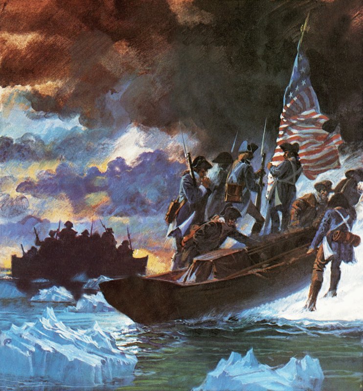 George Washington i jego ludzie przekraczają na wpół zamarzniętą rzekę Delaware autorstwa Roger Payne