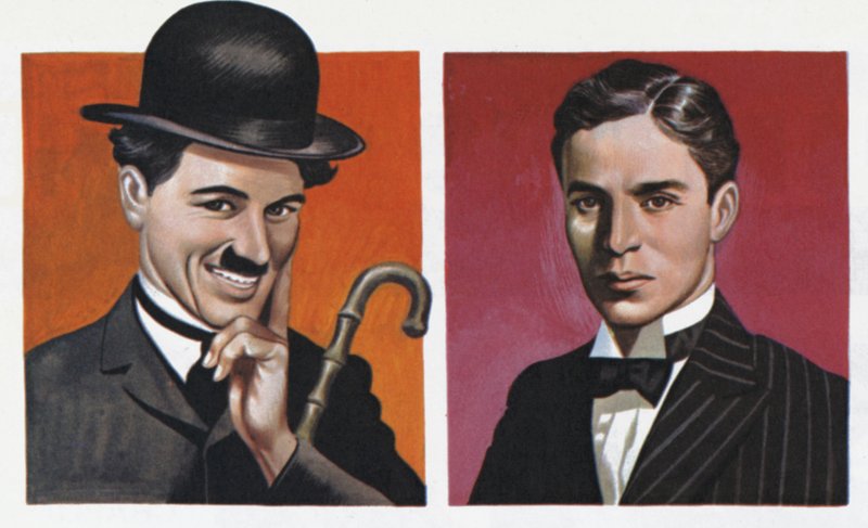 Charlie Chaplin w kostiumie i taki, jaki był naprawdę (kolorowa litografia) autorstwa Ron Embleton