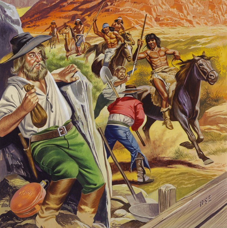 Jacob Waltz i jego przyjaciel zaatakowani przez Indian Apache (gwasz na papierze) autorstwa Ron Embleton