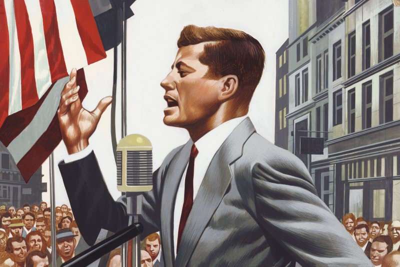 John Kennedy przemawia (gwasz na papierze) autorstwa Ron Embleton