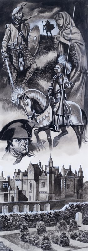 Szkocki zamek i osobistości ze szkockiej historii (gwasz na papierze) autorstwa Ron Embleton