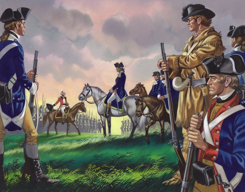 Poddanie się generała Cornwallisa amerykańskiemu dowódcy w Yorktown w Wirginii 19 października 1781 r. () (gwasz na papierze) autorstwa Ron Embleton