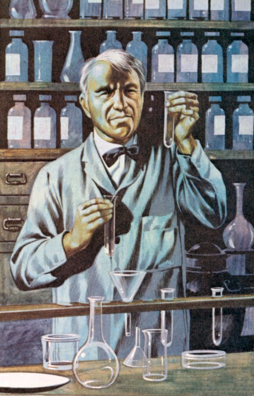 Thomas Alva Edison, amerykański wynalazca i biznesmen (kolorowa litografia) autorstwa Ron Embleton