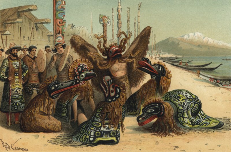 Taniec maski ludu Nuxalk z Kolumbii Brytyjskiej autorstwa Rudolf Cronau