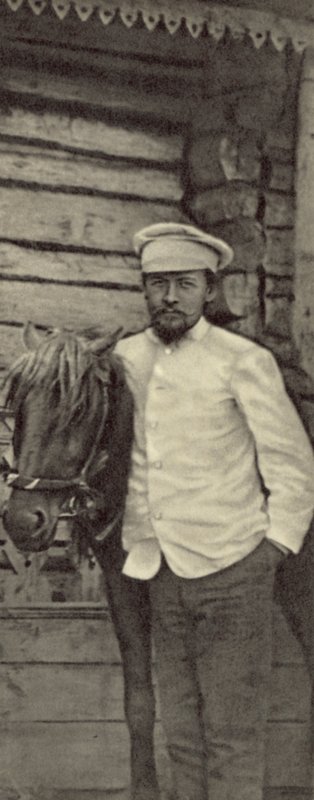 Anton Czechow w swojej posiadłości Melikhovo, Rosja, czerwiec 1898 (zdjęcie czarno-białe) autorstwa Russian Photographer