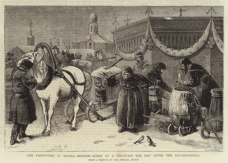 Uroczystości w Rosji, Moskwa, Scena przy fontannie dzień po iluminacjach autorstwa Samuel Edmund Waller