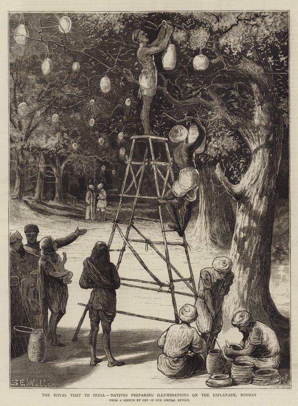 Królewska wizyta w Indiach, tubylcy przygotowują iluminacje na Esplanade, Bombay autorstwa Samuel Edmund Waller