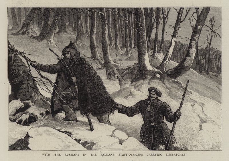 Z Rosjanami na Bałkanach, oficerowie sztabowi niosący depesze autorstwa Samuel Edmund Waller