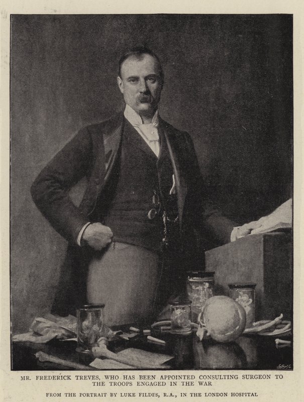pan Frederick Treves, który został mianowany chirurgiem-konsultantem oddziałów zaangażowanych w wojnę autorstwa Samuel Luke Fildes