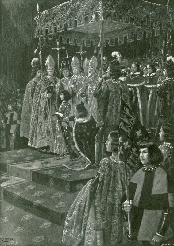 Prezentacja ostróg i miecza podczas koronacji Henryka VI (litografia) autorstwa Samuel (after) Begg