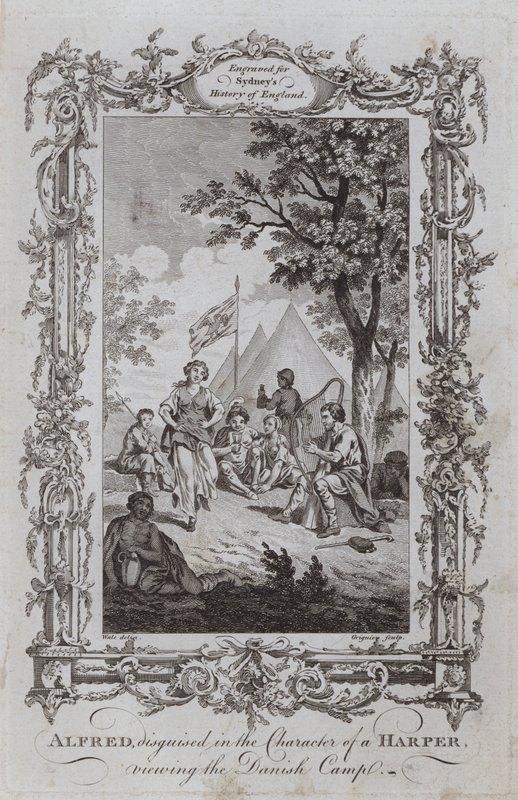Alfred, przebrany za harfiarza, ogląda obóz duński (rycina) autorstwa Samuel (after) Wale