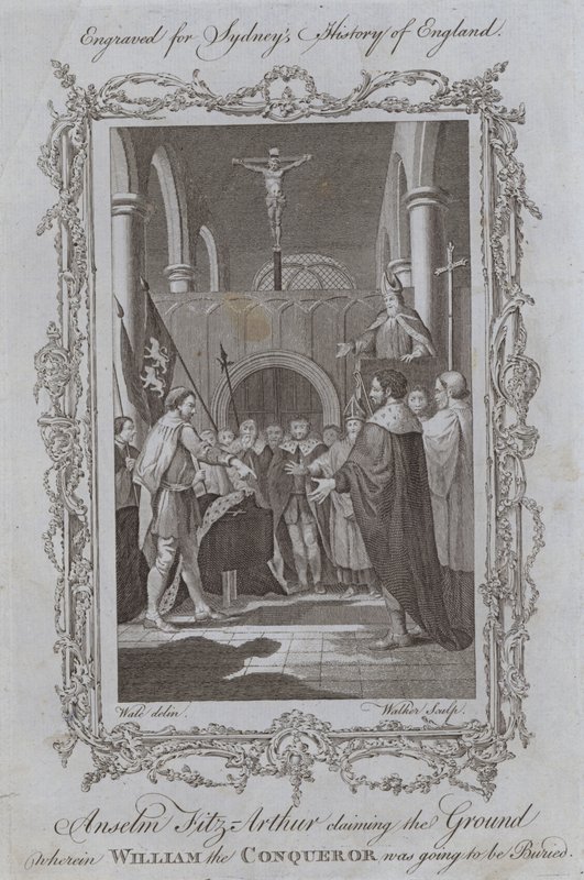 Anselm Fitz-Arthur twierdzący, że ziemia, na której miał zostać pochowany Wilhelm Zdobywca (rycina) autorstwa Samuel (after) Wale