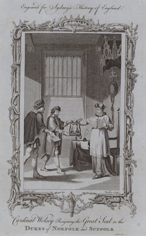 Kardynał Wolsey rezygnujący z Wielkiej Pieczęci Książąt Norfolk i Suffolk (grawerowanie) autorstwa Samuel (after) Wale