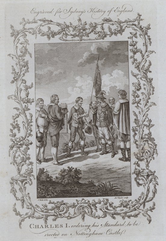 Karol I zleca wzniesienie swojego sztandaru na zamku Nottingham (rycina) autorstwa Samuel (after) Wale