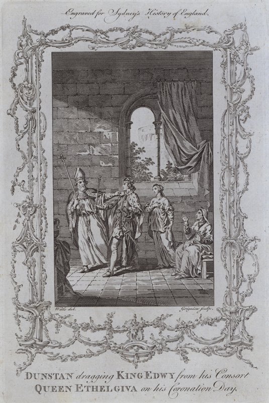 Dunstan odciągając króla Edwy od swojej małżonki, królowej Ethelgivy w dniu koronacji (rycina) autorstwa Samuel (after) Wale