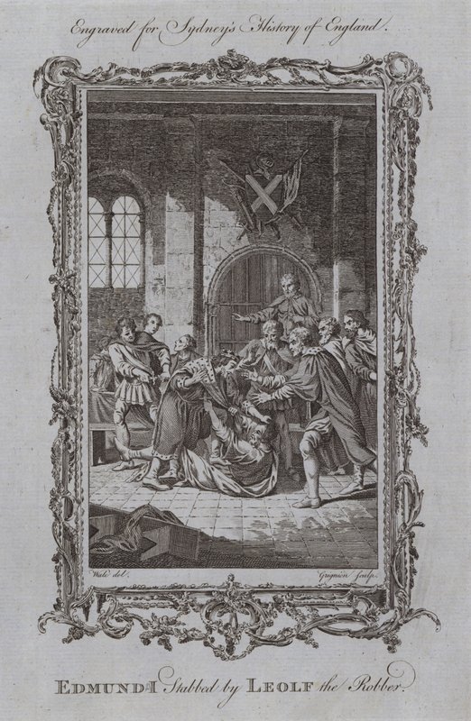 Edmund I dźgnięty przez Leolfa the Robber (rycina) autorstwa Samuel (after) Wale