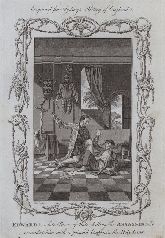 Edward I, podczas gdy książę Walii zabija asasyna, który zranił go zatrutym sztyletem, w Ziemi Świętej (rycina) autorstwa Samuel (after) Wale