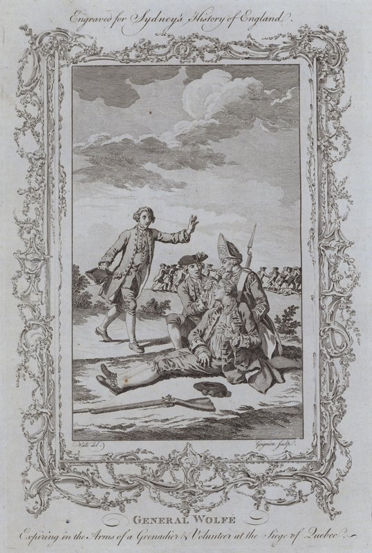 Generał Wolfe odchodzący w ramionach grenadiera i ochotnika podczas oblężenia Quebecu (rycina) autorstwa Samuel (after) Wale