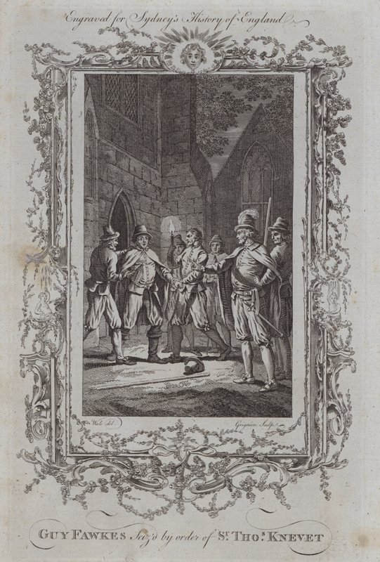 Guy Fawkes schwytany z rozkazu sir Thomasa Kneveta (grafika) autorstwa Samuel (after) Wale