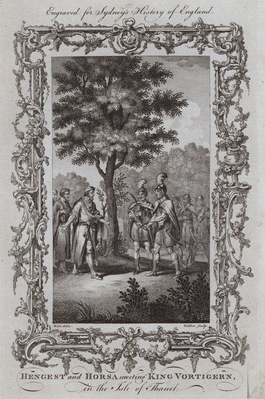 Hengest i Horsa spotykają króla Vortigerna na wyspie Thanet (rycina) autorstwa Samuel (after) Wale