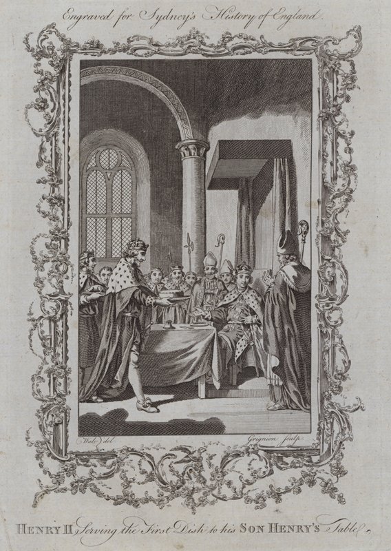 Henryk II serwujący pierwsze danie do stołu syna Henryka (grawerowanie) autorstwa Samuel (after) Wale