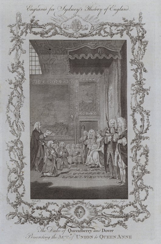 Książę Queensberry i Dover przedstawiający akt unii królowej Annie (rycina) autorstwa Samuel (after) Wale