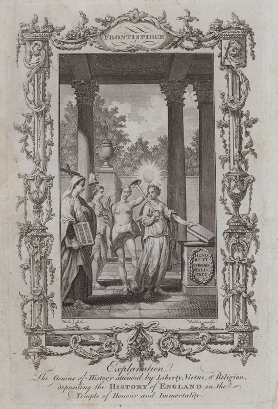 Geniusz Historii, w którym uczestniczyli Wolność, Cnota i Religia, zdeponował Historię Anglii w Świątyni Honoru i Nieśmiertelności (rycina) autorstwa Samuel (after) Wale