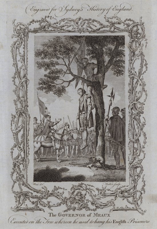 Gubernator Meaux stracony na drzewie, na którym wieszał swoich angielskich jeńców (rycina) autorstwa Samuel (after) Wale