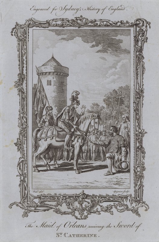 Dziewica Orleańska odbierająca miecz św. Katarzyny (rycina) autorstwa Samuel (after) Wale