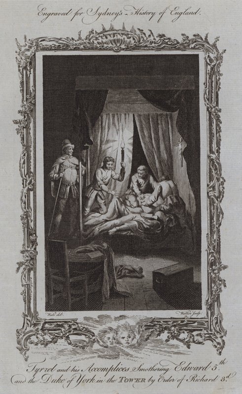 Tyrrel i jego wspólnicy Duszą Edwarda V i księcia Yorku w wieży z rozkazu Ryszarda III (grawerowanie) autorstwa Samuel (after) Wale