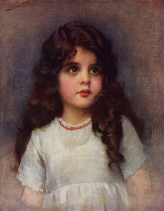 Kręcone loki: portret ładnej młodej dziewczyny z długimi ciemnymi kręconymi włosami (kolor lito) autorstwa Samuel Luke (after) Fildes