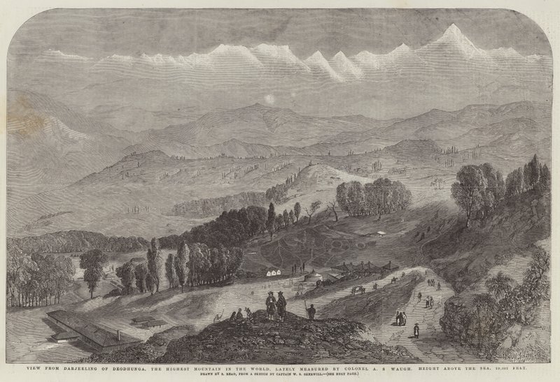 Widok z Darjeeling na Deodhunga, Najwyższą Górę Świata, ostatnio zmierzoną przez pułkownika A S Waugha, Wysokość nad morzem, 29002 stóp autorstwa Samuel Read