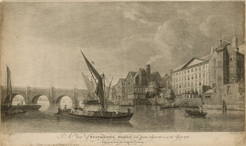 Widok na Most Westminsterski z częściami przylegającymi jak w roku 1760 autorstwa Samuel Scott