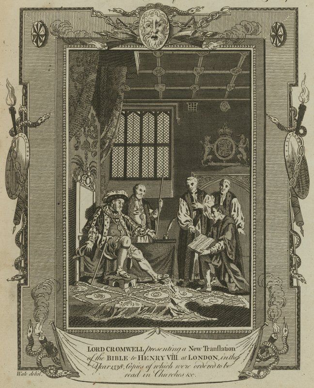 Lord Cromwell przedstawia nowe tłumaczenie Biblii królowi Henrykowi VIII w Londynie w roku 1538 autorstwa Samuel Wale