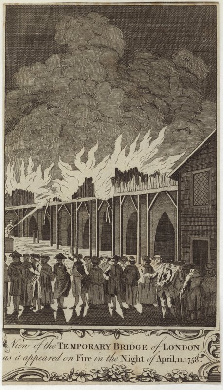 Widok tymczasowego mostu w Londynie, gdy płonął w nocy 11 kwietnia 1758 r. autorstwa Samuel Wale