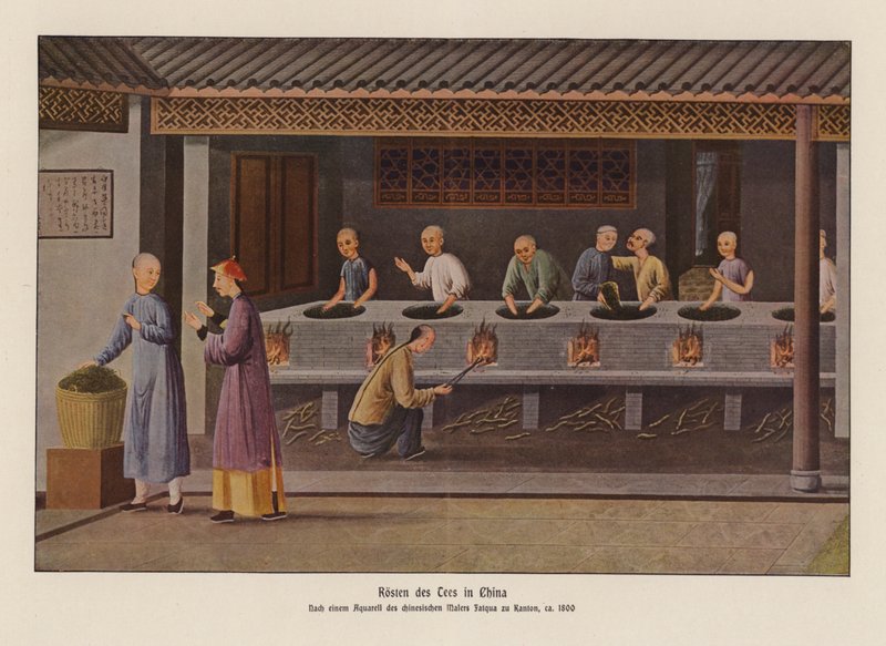 Prażenie herbaty w Chinach (kolorowa litografia) autorstwa School Chinese