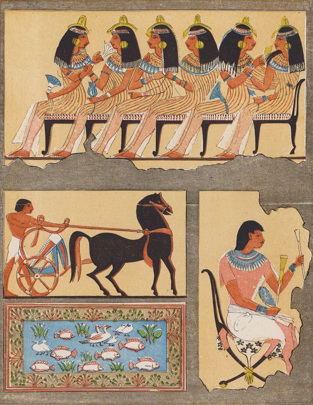 Freski ze starożytnego egipskiego grobowca w Tebach (kolorowa litografia) autorstwa School Egyptian