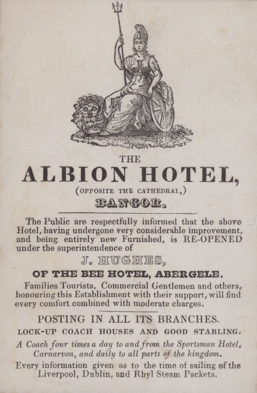 Reklama hotelu Albion, Bangor, Północna Walia (grawerowanie) autorstwa School Welsh